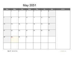 May 2051 Calendar with Notes