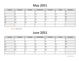 May and June 2051 Calendar