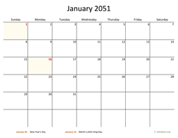 Monthly 2051 Calendar with Bigger boxes