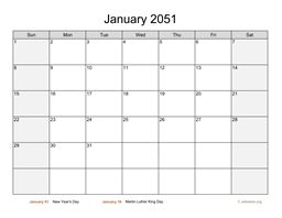 Monthly 2051 Calendar with Weekend Shaded