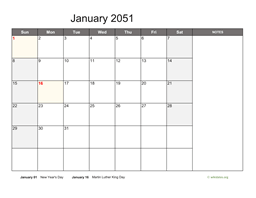 Monthly 2051 Calendar with Notes
