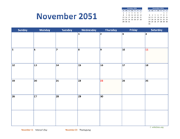 November 2051 Calendar Classic