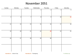 November 2051 Calendar with Bigger boxes