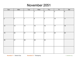 November 2051 Calendar with Weekend Shaded