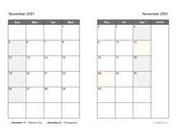 November 2051 Calendar on two pages