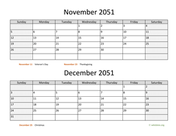 November and December 2051 Calendar