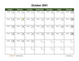 October 2051 Calendar with Day Numbers