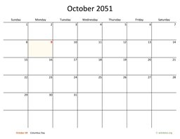 October 2051 Calendar with Bigger boxes