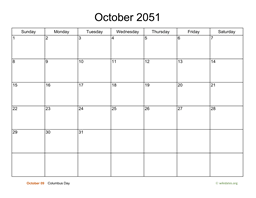 Basic Calendar for October 2051