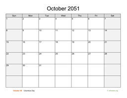 October 2051 Calendar with Weekend Shaded
