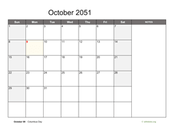October 2051 Calendar with Notes