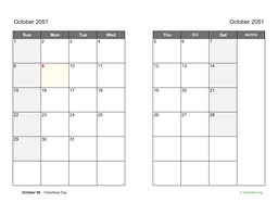 October 2051 Calendar on two pages