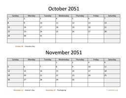October and November 2051 Calendar