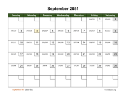 September 2051 Calendar with Day Numbers