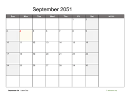 September 2051 Calendar with Notes