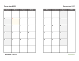 September 2051 Calendar on two pages