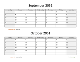 September and October 2051 Calendar
