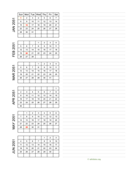 six months 2051 calendar vertical with notes