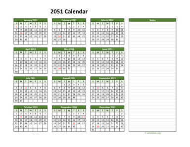 Yearly Printable 2051 Calendar with Notes