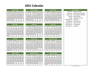 Printable 2051 Calendar with Federal Holidays