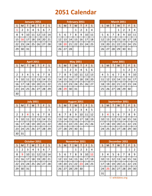 Full Year 2051 Calendar on one page