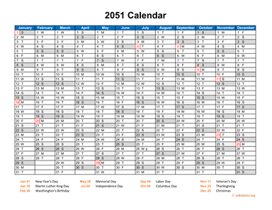 2051 Calendar Horizontal, One Page