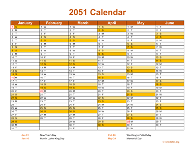 2051 Calendar on 2 Pages, Landscape Orientation