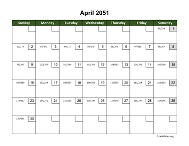 April 2051 Calendar with Day Numbers