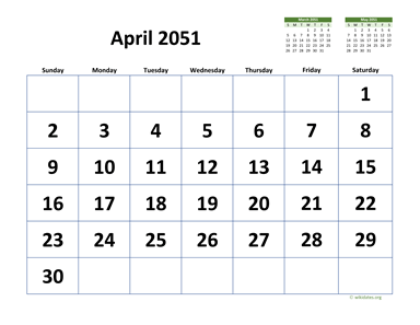 April 2051 Calendar with Extra-large Dates