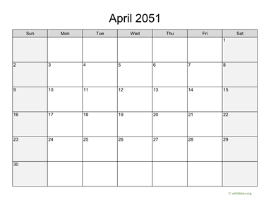 April 2051 Calendar with Weekend Shaded