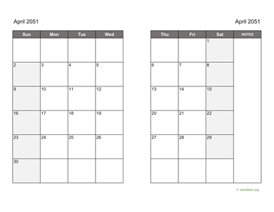 April 2051 Calendar on two pages