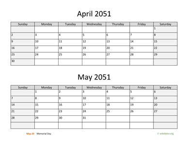 April and May 2051 Calendar Horizontal