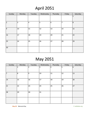 April and May 2051 Calendar Vertical