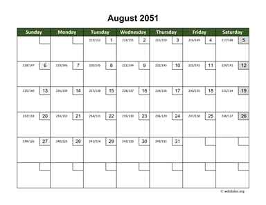 August 2051 Calendar with Day Numbers