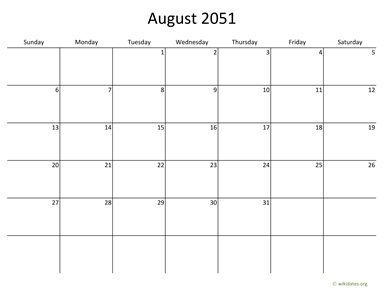 August 2051 Calendar with Bigger boxes