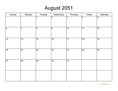 Basic Calendar for August 2051