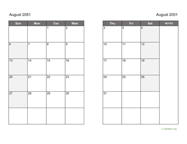 August 2051 Calendar on two pages