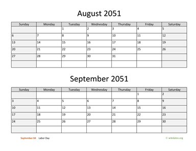 August and September 2051 Calendar Horizontal