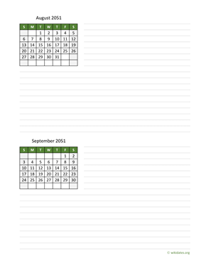 August and September 2051 Calendar with Notes