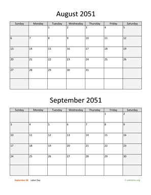 August and September 2051 Calendar Vertical