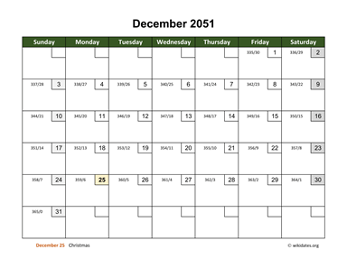 December 2051 Calendar with Day Numbers