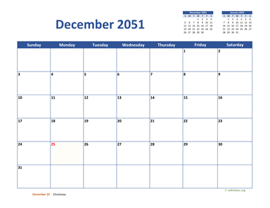 December 2051 Calendar Classic