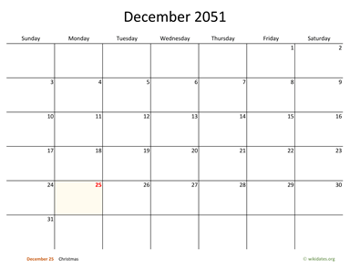 December 2051 Calendar with Bigger boxes