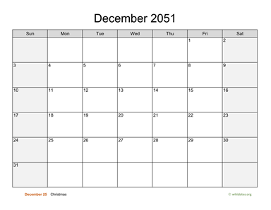 December 2051 Calendar with Weekend Shaded