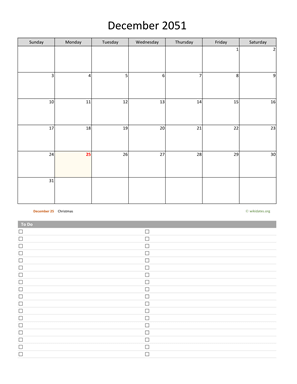 December 2051 Calendar with To-Do List
