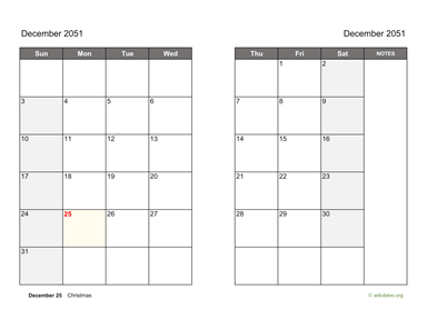 December 2051 Calendar on two pages