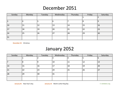 December 2051 and January 2052 Calendar Horizontal