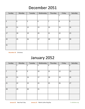 December 2051 and January 2052 Calendar Vertical