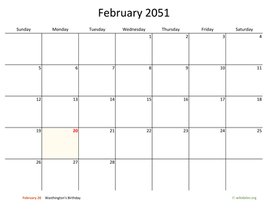 February 2051 Calendar with Bigger boxes