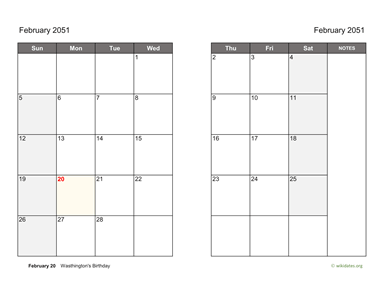 February 2051 Calendar on two pages